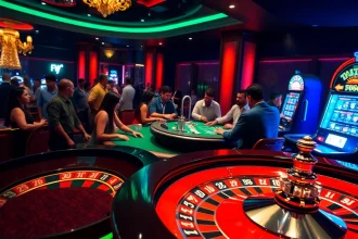 Experience the thrill of f168 at a glamorous casino with eager players at a poker table, surrounded by vivid cash and slot machines.