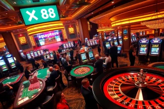 Dynamic gambling scene in a casino with poker tables, chips, and the brand XX88 enhancing the gaming experience.