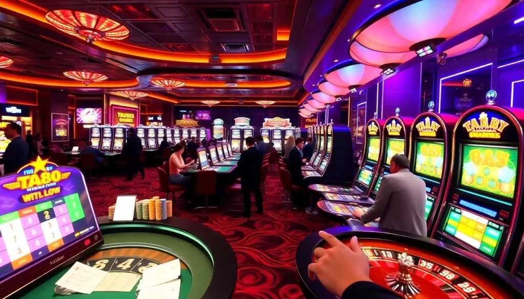 Experience the excitement of gambling with TA88 on vibrant casino tables filled with players and colorful slot machines.