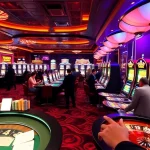 Experience the excitement of gambling with TA88 on vibrant casino tables filled with players and colorful slot machines.