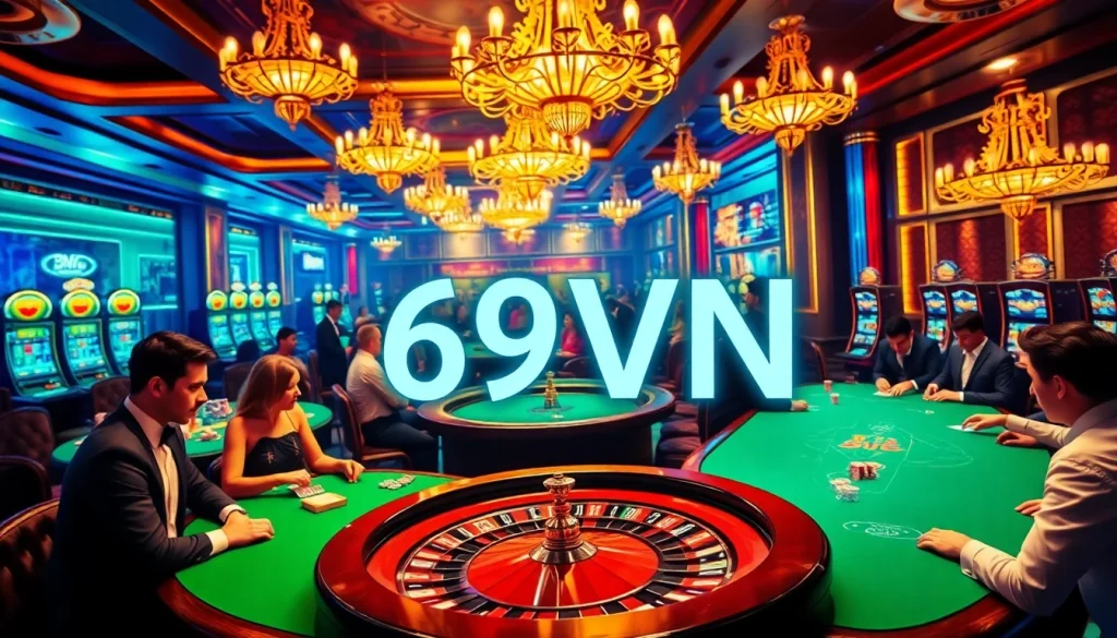 69VN casino players at a poker table showcase vibrant chips and lively action.