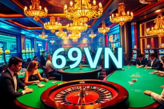 69VN casino players at a poker table showcase vibrant chips and lively action.